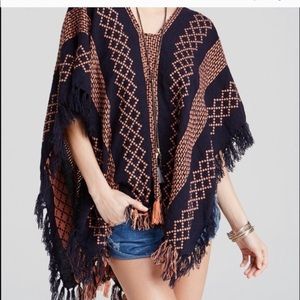 Free People knit weave blue coral poncho, one size